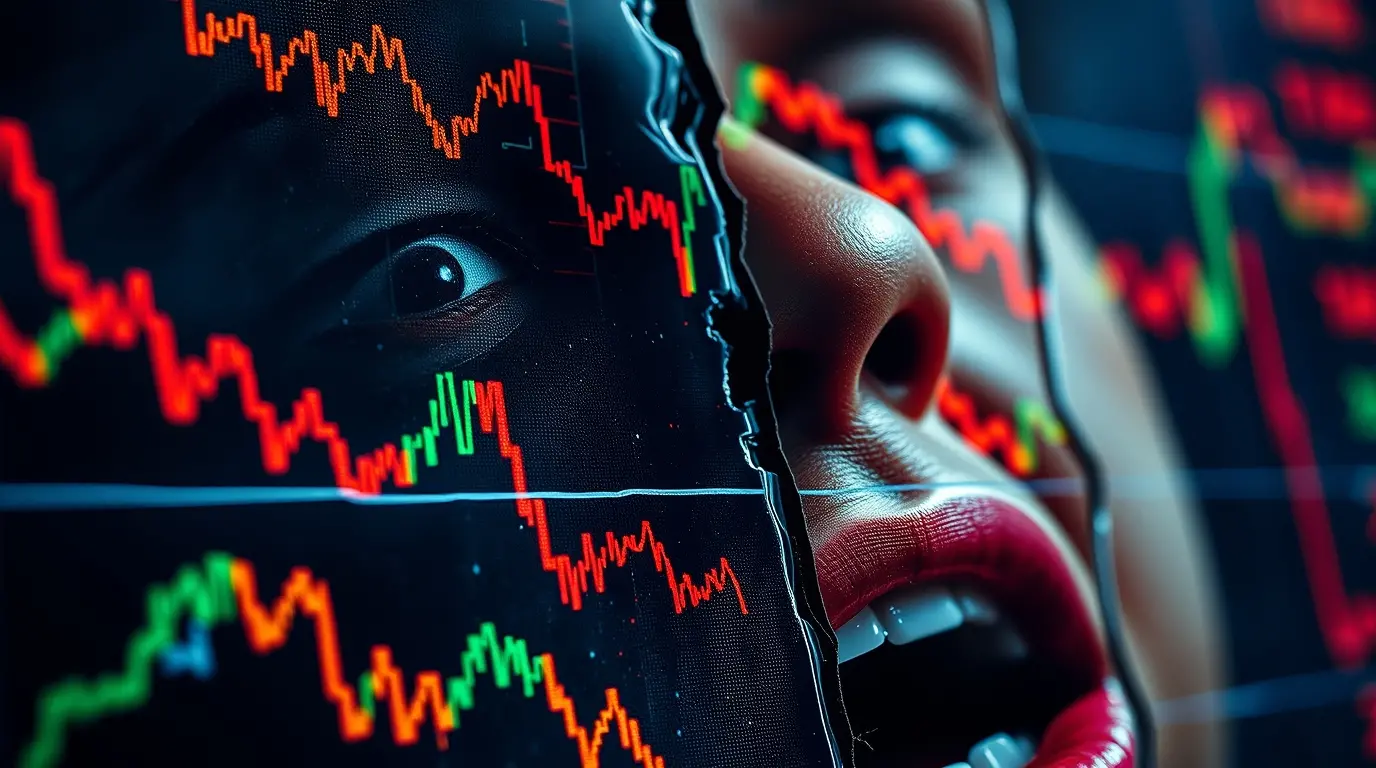 Distinct split, extreme macro close-up of Stock market panic; small subject detail, divided sections, bold areas
